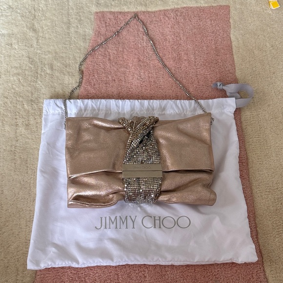 Jimmy Choo Chandra Ballet Pink metallic leather clutch with chainmail bracelet - Picture 1 of 9